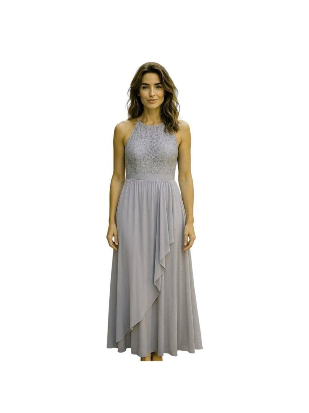 Adrianna Papell NWT Silver Lace Illusion Halter Stretch Lace Gown Sz 16